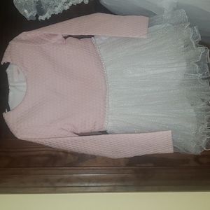 Pink white pearl flower girl Easter long sleeve formal dress gown